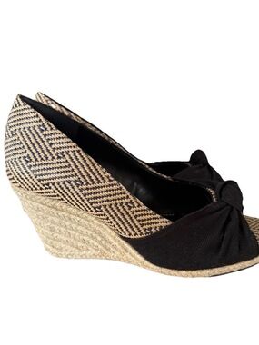 Kelly & Katie Women’s Espadrille Wedge Heels Black Beige Bow Peep Toe 8M